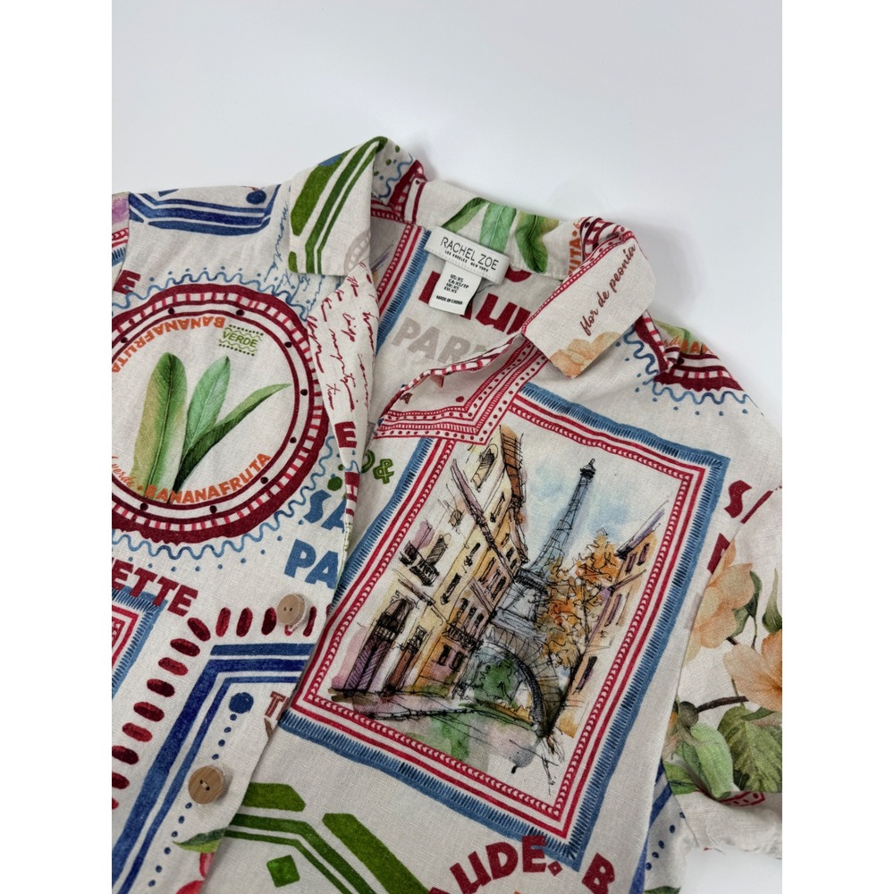 Rachel Zoe Paris‎ Print Cropped Button Up Linen Blend Shirt XS Travel